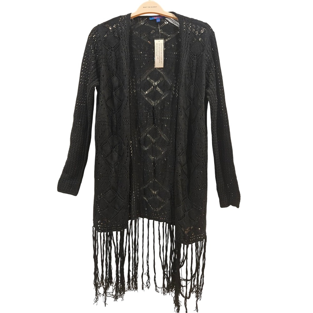 Twiggy London Black Crochet Fringe‎ Cardigan Diamond Knit Sweater Large NEW boho